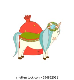 Vector illustration of a cute pony and a Santa sack. Christmas background.