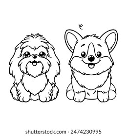 Vector illustration of a cute poodle and Welsh Corgi sitting together. Perfect line art design isolated on a white background for your creative projects.