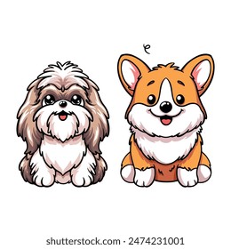 Vector illustration of a cute poodle and Welsh Corgi sitting together. Perfect flat art design isolated on a white background for your creative projects.