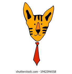 Vector illustration, cute portrait of tiger in tie. Wild animal. Symbol of 2022. cute animal character idea for child and kid printable stuff and t shirt, greeting card, nursery wall art, postcard