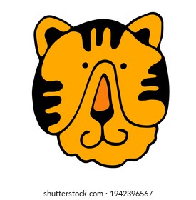 Vector illustration, cute portrait of tiger. Wild animal. Symbol of 2022. cute animal character idea for child and kid printable stuff and t shirt, greeting card, nursery wall art, postcard