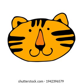 Vector illustration, cute portrait of tiger. Wild animal. Symbol of 2022. cute animal character idea for child and kid printable stuff and t shirt, greeting card, nursery wall art, postcard