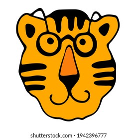 Vector illustration, cute portrait of tiger with glasses. Wild animal. Symbol of 2022. cute animal character idea for child and kid printable stuff and t shirt, greeting card, wall art, postcard