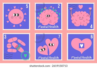 Vector illustration of cute postage stamps with mental health concept. Hand drawn stickers with smiling sun, brain, hearts, and medicine pills.