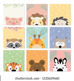 Vector illustration cute postcards with animals. Hand-drawn.