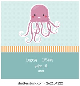 Vector illustration of a cute poster/postcard template, can be used as a scrapbook paper for baby shower or birthday invitation, marine theme