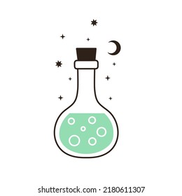 Vector illustration of cute potion bottle with bubbles. Hand drawn magic elixir print. Simple doodle drawing of brew in a jar for card, poster, invitation design