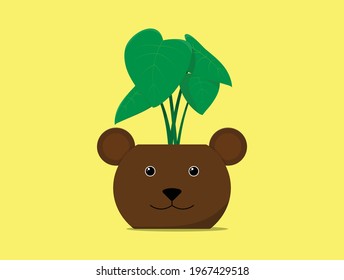 vector illustration of cute potted bear with houseplants. pots with cute animal shapes. flat design vector. isolated background in yellow.