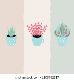 Vector illustration with cute potted houseplants on pastel background.