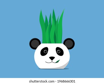 vector illustration of cute potted panda with houseplants. pots with cute animal shapes. flat design vector. isolated background with blue color.