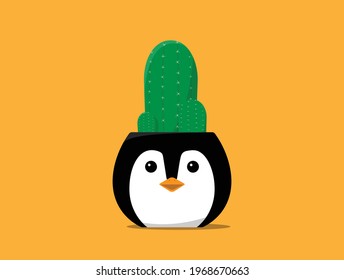 vector illustration of cute potted penguin with houseplants. pots with cute animal shapes. flat design vector. isolated background with orange color.