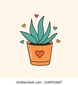 Vector illustration of cute potted plant. Cartoon table decor with hearts. Small office succulent. Trendy oldschool icon