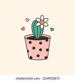 Vector illustration of cute potted plant. Cartoon table decor with hearts. Small office cactus. Trendy oldschool icon