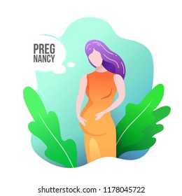 Vector illustration of cute pregnant woman with text in speech bubble. Pregnancy health care concept with happy tummy female waiting for baby