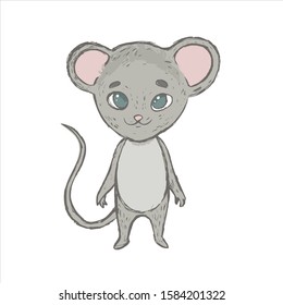Vector illustration of cute and pretty grey  little mouse or rat with blue eyes. Hand drawn cartoon animal character for kids and children isolated at white background.