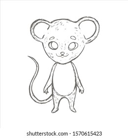 Vector illustration of cute and pretty little mouse or rat. Hand drawn cartoon animal character for kids and children isolated at white background.