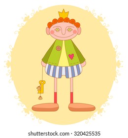  Vector illustration of cute prince with gold key on decorative background.