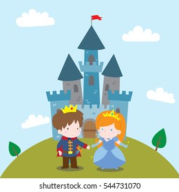 Vector illustration of Cute prince and princess with castle as the background