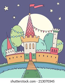 Vector illustration of cute princess castle at night with moon,stars and river