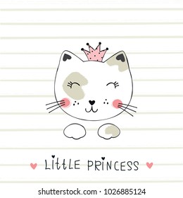 Vector illustration with cute princess cat for t-shirt design, baby shower, greeting card