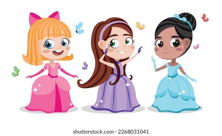 Vector illustration of a cute princess on white. Charming fairy-tale characters: a blue-eyed blonde, a green-eyed brown-eyed girl and a brown-eyed brunette in beautiful dresses, in a cartoon style.