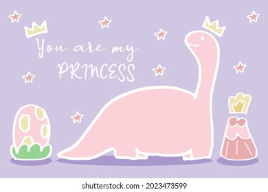 Vector illustration of cute princess pink dinosaur animal wildlife with egg and mountain with text you're my princess. Birthday card template. Pink Dino.