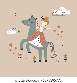 vector illustration of a cute princess riding a horse, funny illustration for children