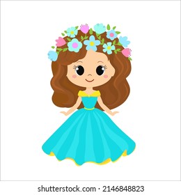 Vector illustration of cute Princess with wreath of flowers on white background.