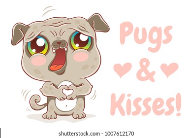 Vector illustration of a cute pug in kawaii style. Cute dog with hearts. Pugs and kisses.