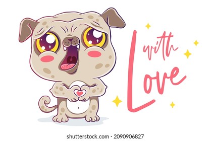 Vector illustration of a cute pug in kawaii style. Cute dog with hearts for Valentine's day in chibi style.