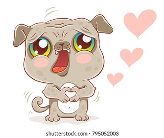 Vector illustration of a cute pug in kawaii style. Cute dog with hearts