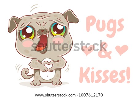 Vector illustration of a cute pug in kawaii style. Cute dog with hearts. Pugs and kisses.