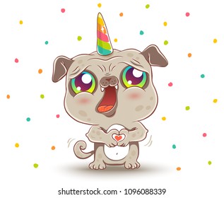 Vector illustration of a cute pug like unicorn. Pug with unicorn horn in kawaii style.