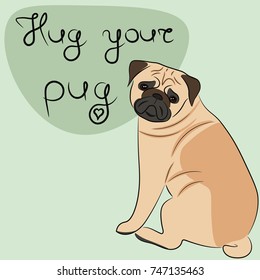 Vector illustration of a cute pug and the phrase "Hug your pug" on a green background.