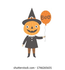 Vector illustration with cute pumpkin and balloon with phrase Boo. Illustration for Halloween.
