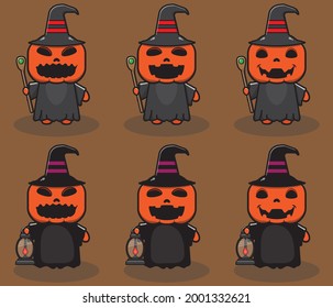Vector illustration of cute Pumpkin Halloween cartoon with Wizard Costume. Good for icon, logo, label, sticker, clipart.