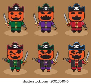 Vector illustration of cute Pumpkin Halloween cartoon with Pirate Captain Costume. Good for icon, logo, label, sticker, clipart.