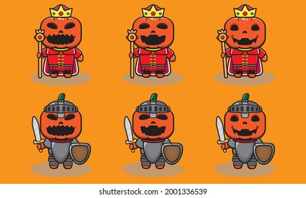 Vector illustration of cute Pumpkin Halloween cartoon with King and Knight Costume. Good for icon, logo, label, sticker, clipart.