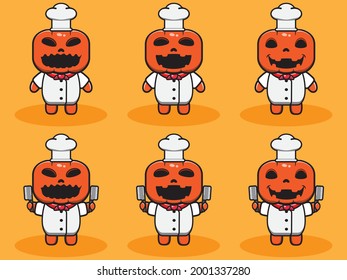 Dibujo vectorial de la tierna caricatura de la Calabaza Halloween con traje de chef. Es bueno para el icono, logotipo, etiqueta, pegatina, clipart.