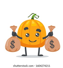 vector illustration of cute pumpkin holding sacks of money