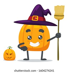 vector illustration of cute pumpkin wearing witch costume, celebration of halloween party