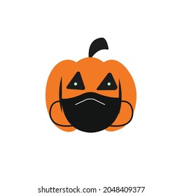  Vector illustration with cute pumpkin wearing face mask. Happy Halloween cartoon pumpkin. 