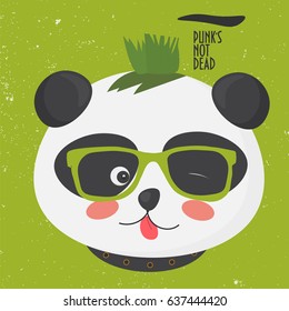 Vector illustration: cute punk panda with a mohawk hairstyle and hipster glasses on a grunge background. Punk panda bear character made in a cartoon style. Text "Punk's not dead".