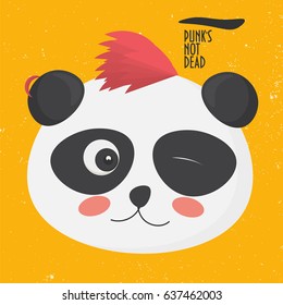 Vector illustration: cute punk panda with a punk hairstyle on a yellow grunge background. Panda bear character made in a cartoon style. Text punk's not dead.