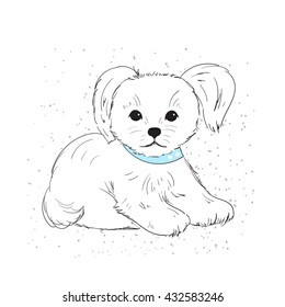 Vector illustration of a cute puppy with a blue collar for postcards, T-shirt and other  apparel. 
