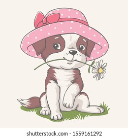 Vector illustration of a cute puppy girl in a pink hat with a camomile in her mouth.