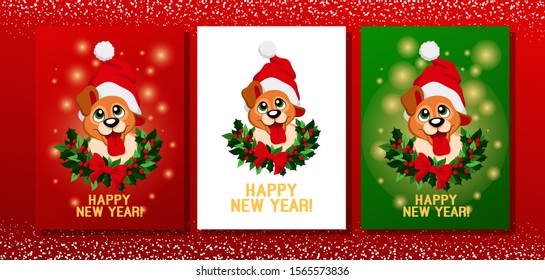 Vector illustration of a cute puppy in a hat. New year card, christmas poster. Dog, holiday illustration