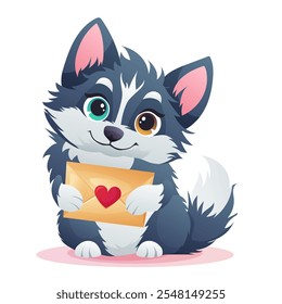 Vector illustration of a cute puppy with multicolored eyes holding an envelope sealed with a heart in cartoon style on a white background. Ideal for Valentine Day, love, and friendship themes.
