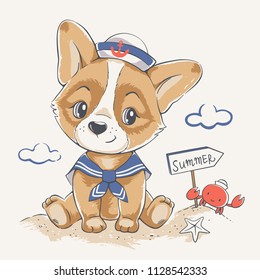 Vector illustration of a cute puppy in sailor costume, seated on the beach.