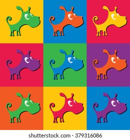 Vector illustration of a cute puppy, a set of colored silhouettes on different backgrounds